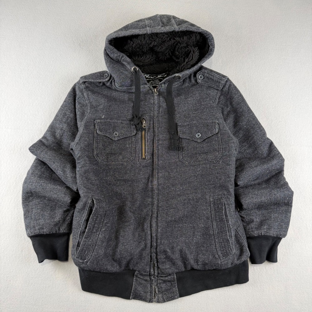 Point Zero Mens Sherpa Lined Hooded Bomber Jacket Charcoal Gray Full Zip Large
